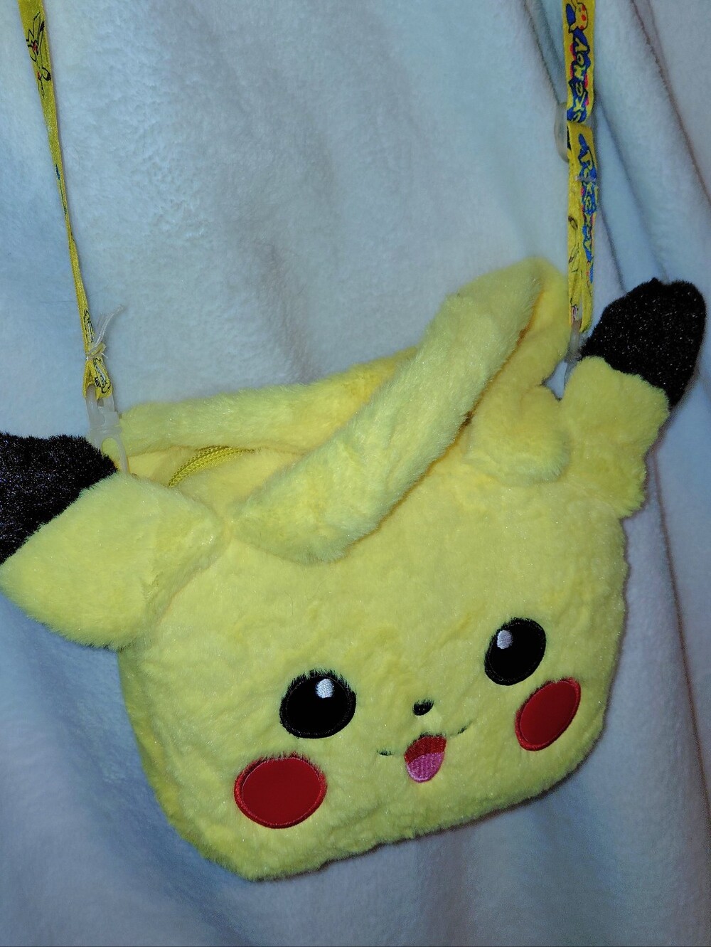 Pekachu Yellow Plush Character Crossbody Bag for Kids. Polyester faux fur.